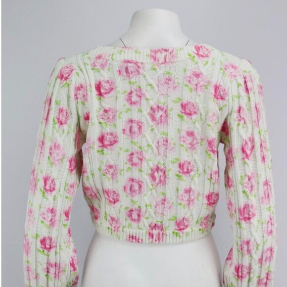 LoveShackFancy Cropped Floral Cotton Cardigan, Pink/Cream/Green, Size M (UK 10 / - Picture 3 of 4